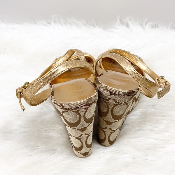 Coach Gold Maxina Sling back Wedge Monogram sandals 9b - Picture 9 of 13